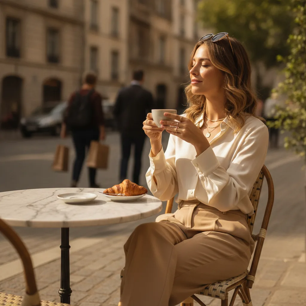 Woman in tailored trousers and silk blouse at a cafe