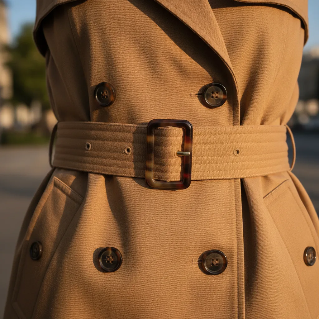 Close-up of a camel trench coat belt detail