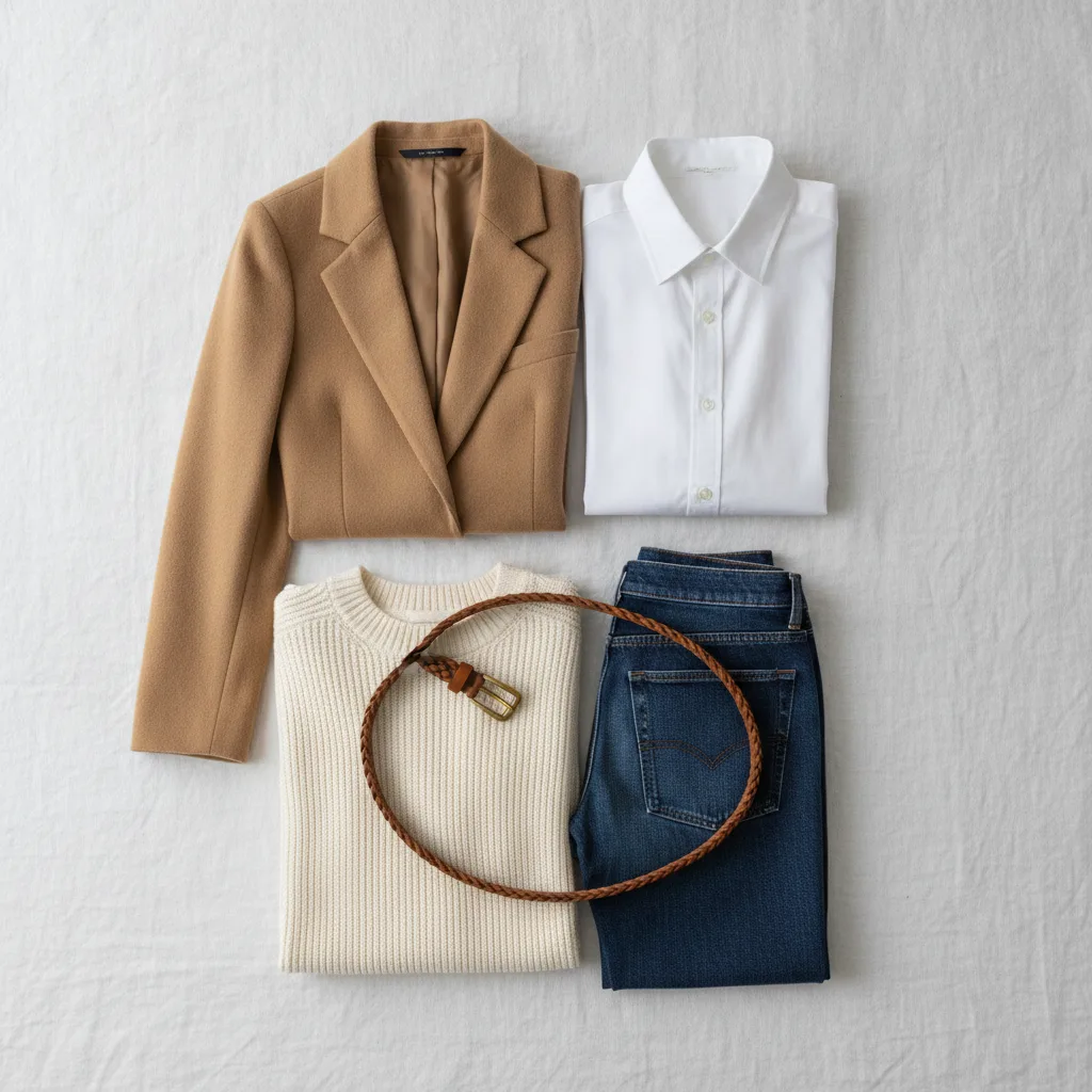 Minimal flat lay of a capsule wardrobe on white linen