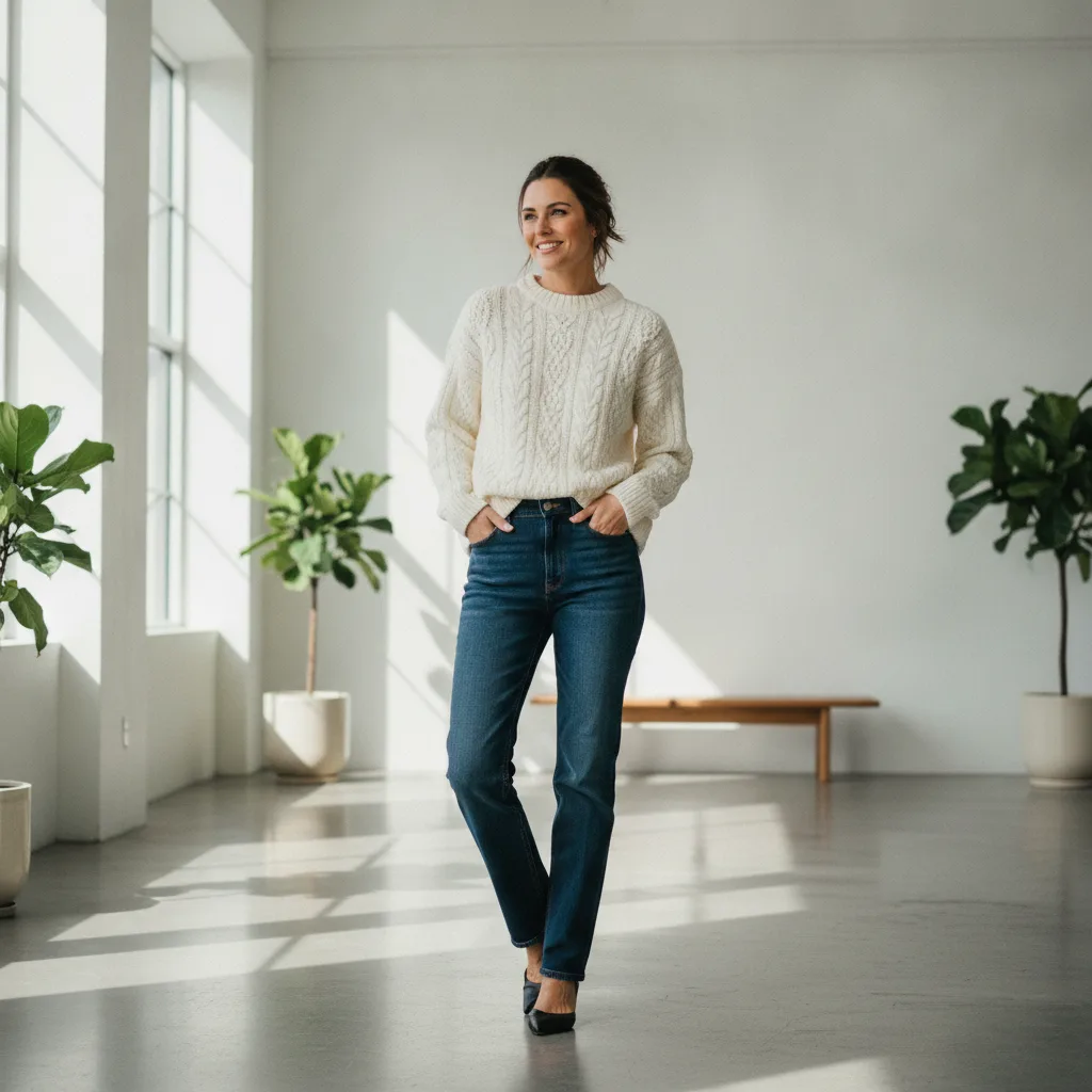 Woman in ivory knit and straight jeans in natural light