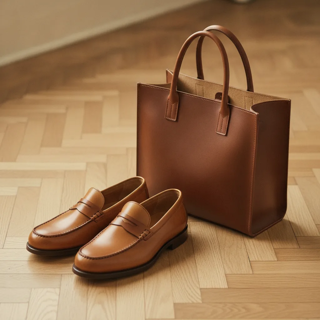 Leather loafers on parquet floor beside a tote bag