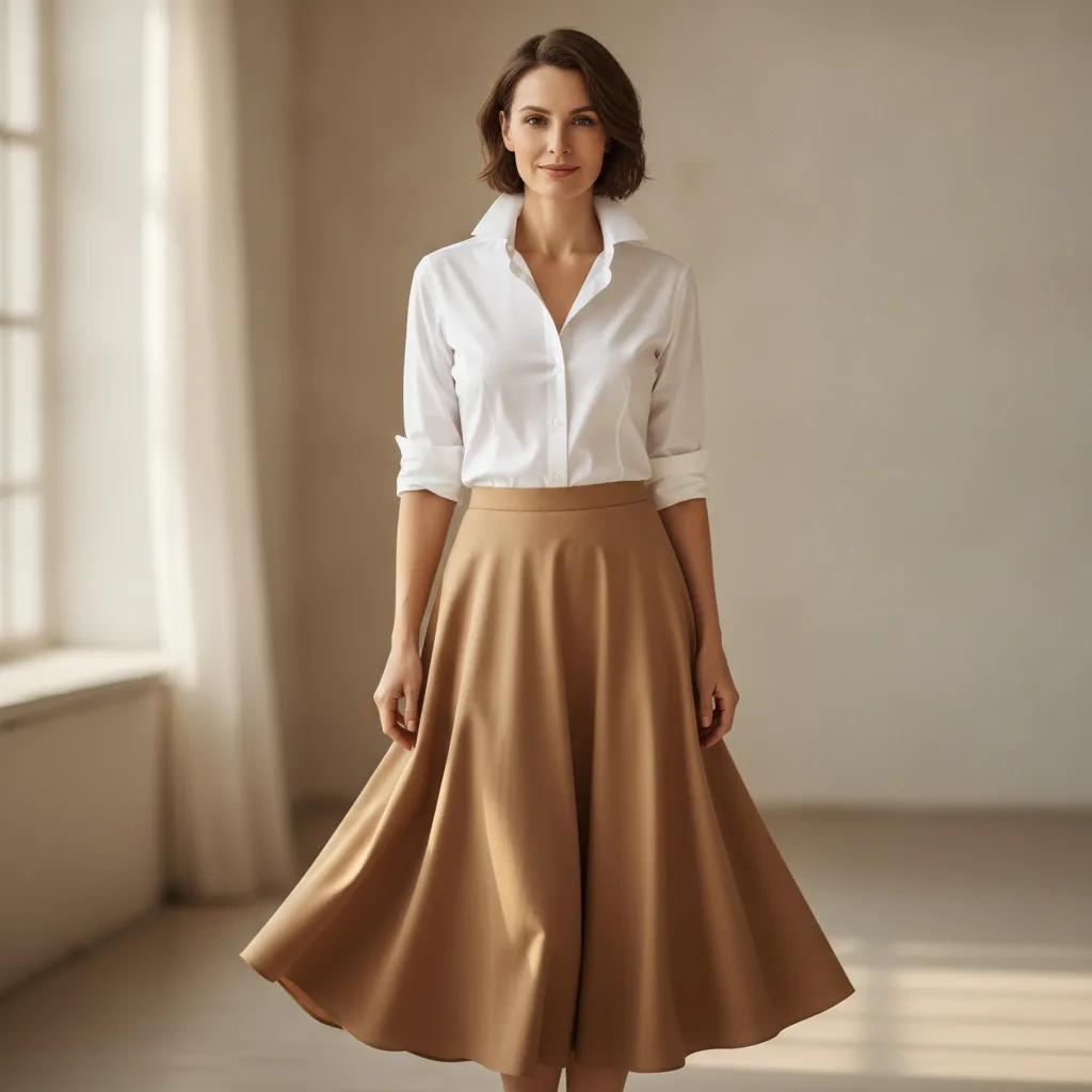 Woman in a classic white shirt tucked into midi skirt
