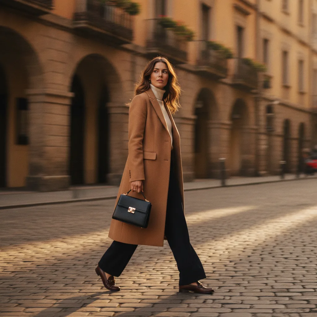 Woman walking in a camel coat, sun-lit cobblestone street