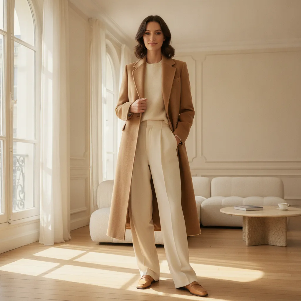 A woman in a camel coat standing with effortless confidence