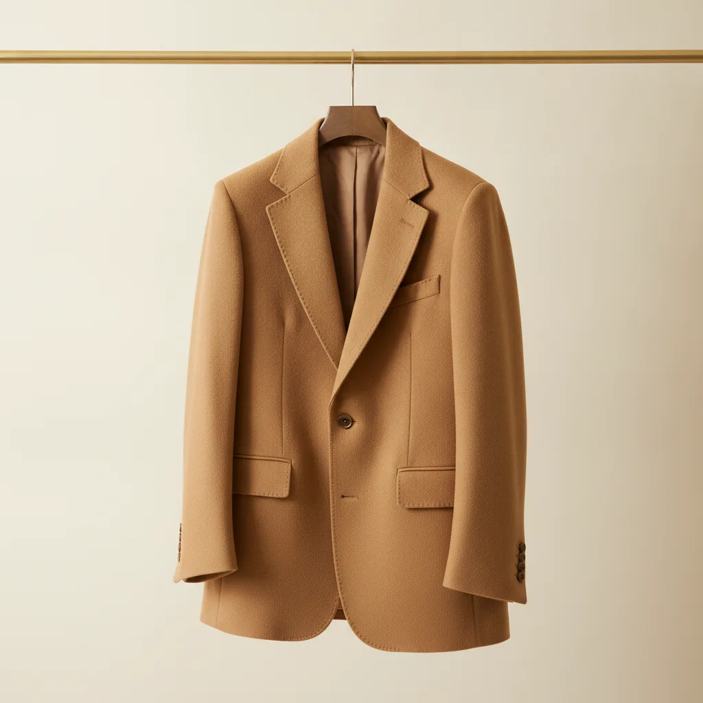 Camel blazer hanging on a rail