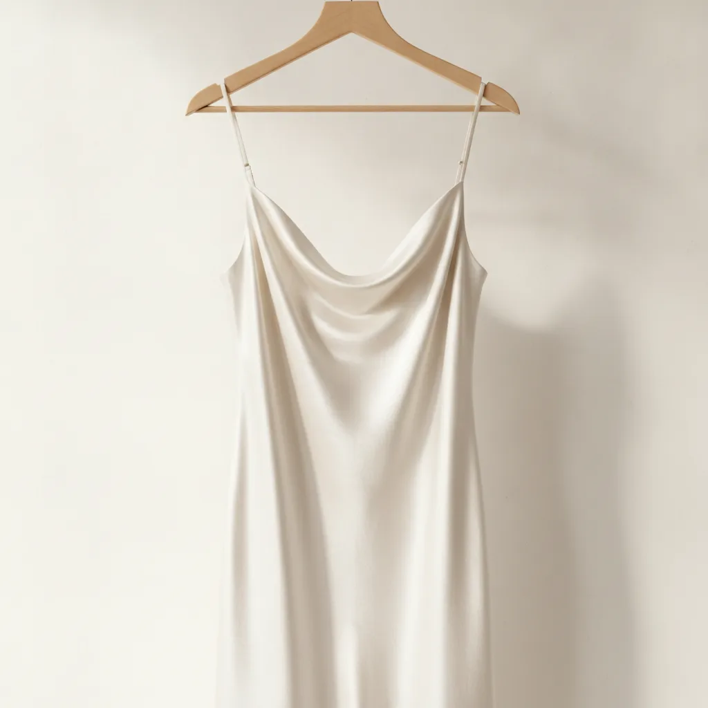 Ivory silk slip dress on a hanger