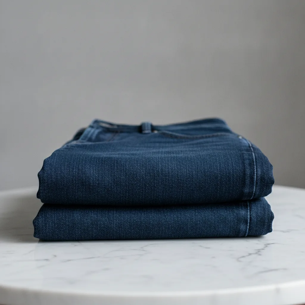 Straight-leg dark denim, folded on a surface