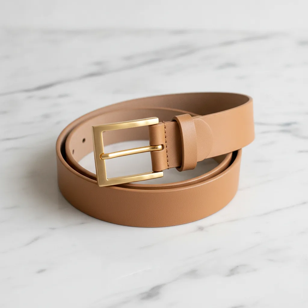 Tan leather belt coiled on marble