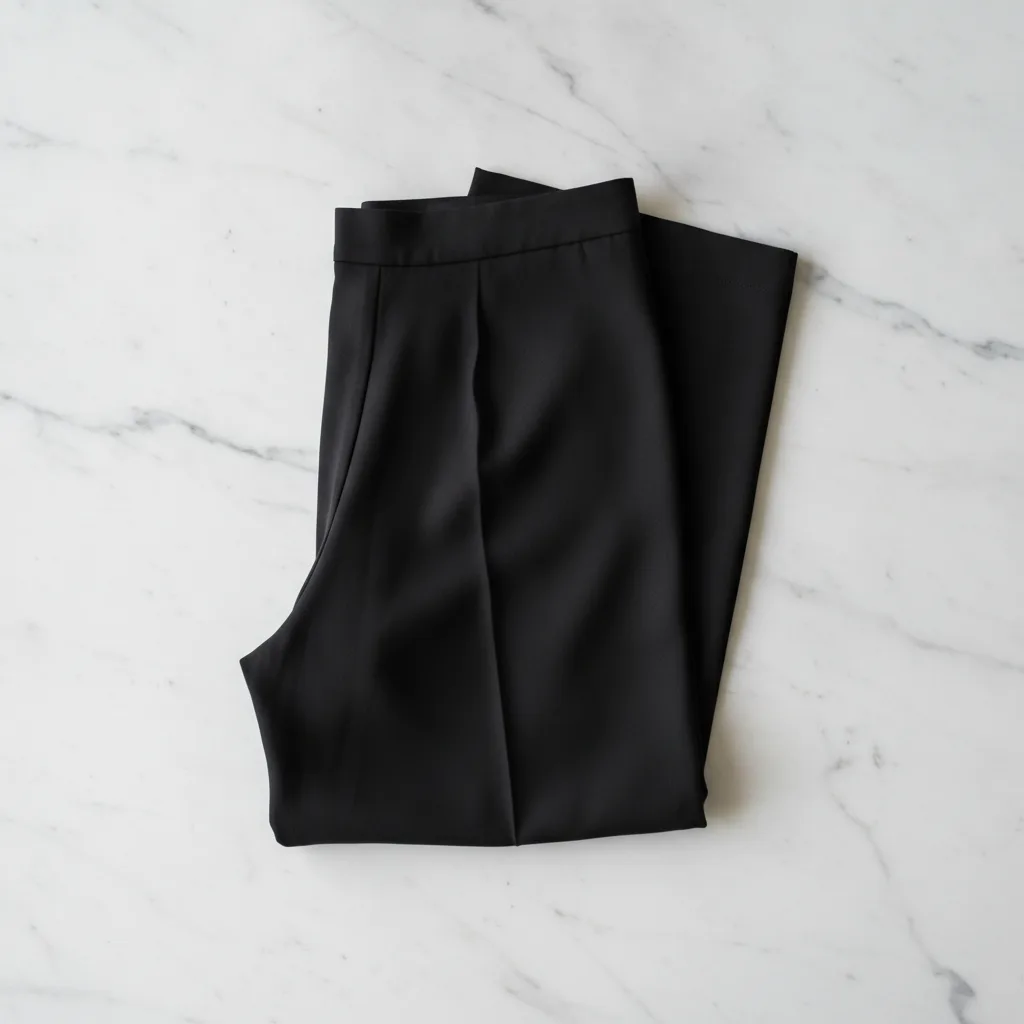 Black wide-leg trousers folded crisply