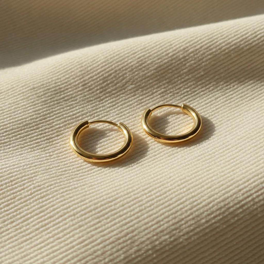 Simple gold hoop earrings on cream fabric