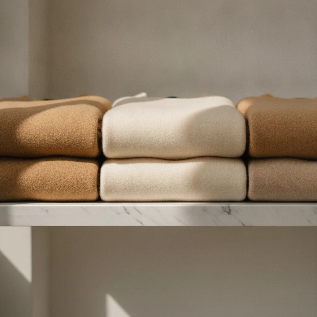 Neatly folded camel and ivory wardrobe pieces on a marble surface