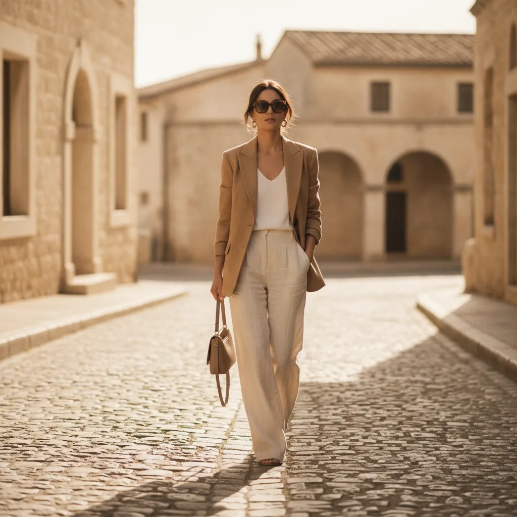 Woman in ivory linen trousers and camel blazer