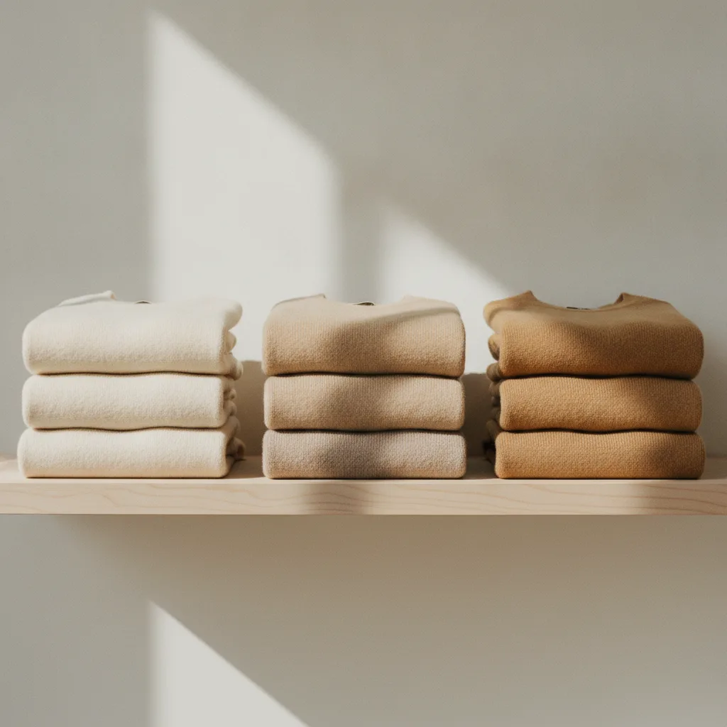 Neatly folded neutral cashmere sweaters on a shelf