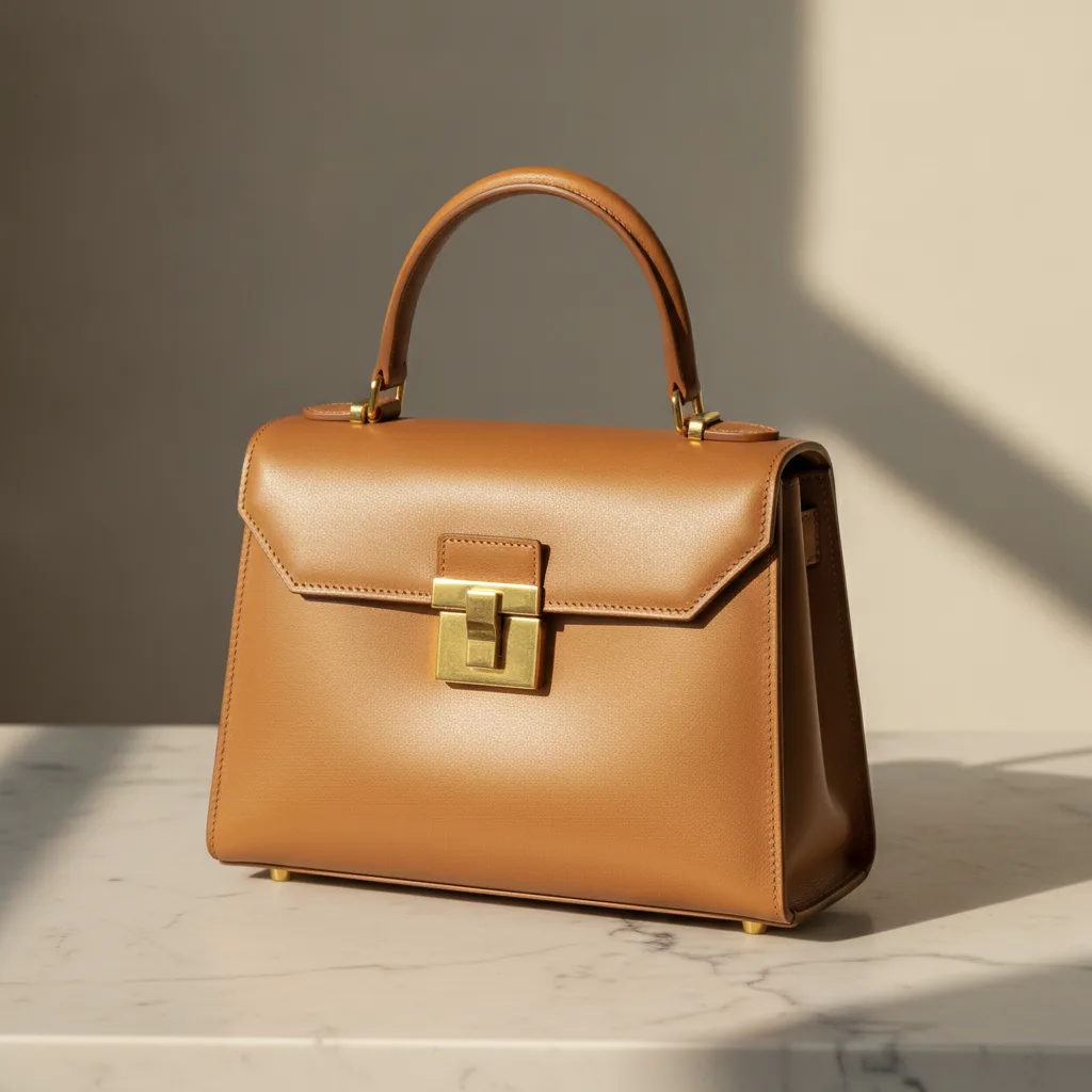 Classic tan leather handbag on marble