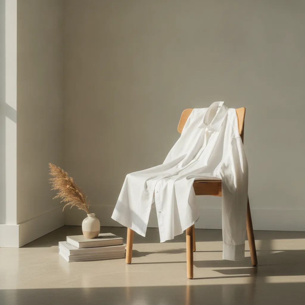 White button-down shirt draped over a chair in soft light