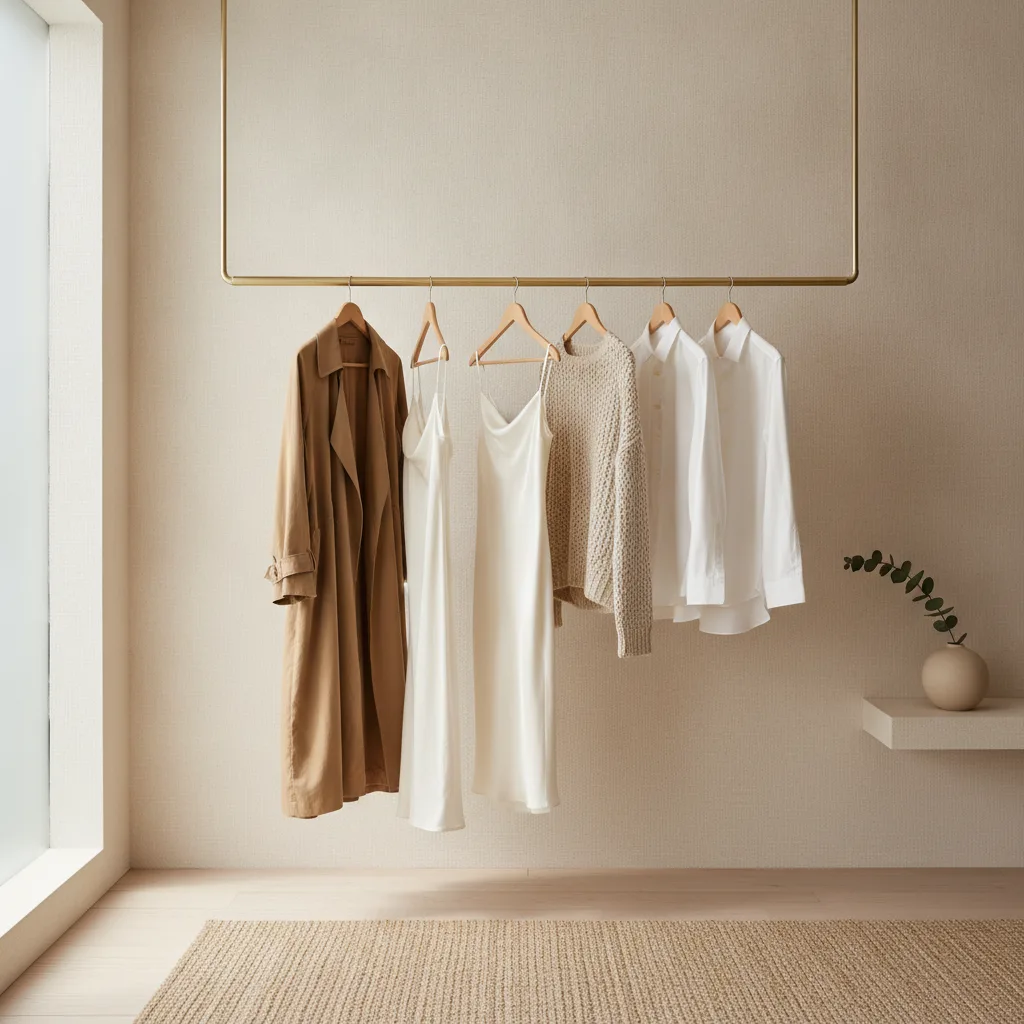 Minimal wardrobe rail with camel and ivory garments
